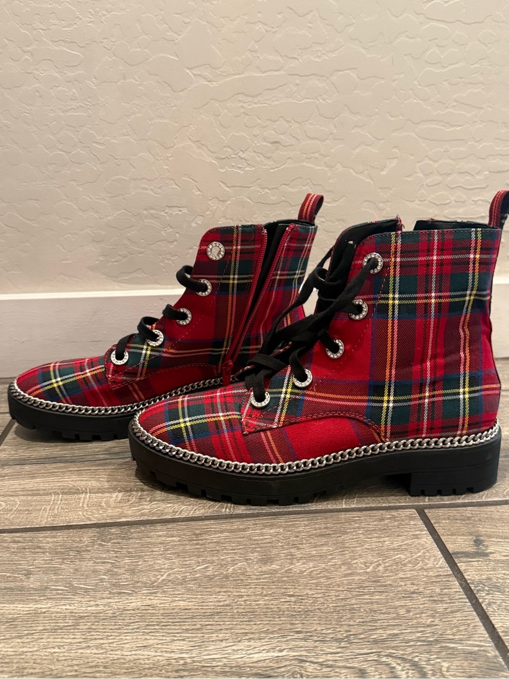 Red Plaid Lace-Up Combat Boots with Chain Trim